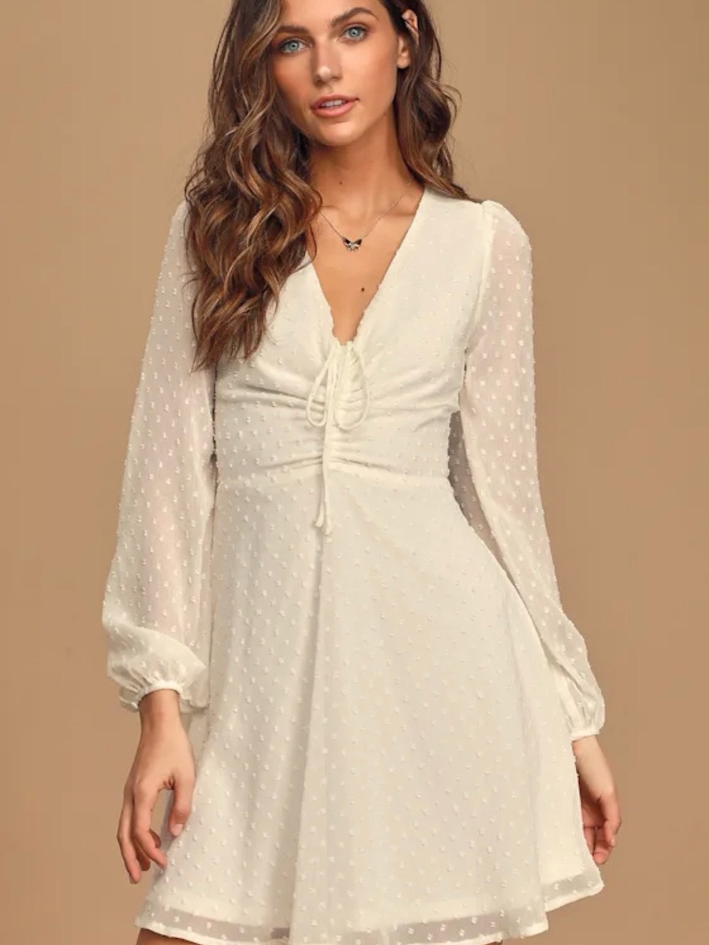 LuLu’s Lush White Swiss Dot Tie-Front Long Sleeve Mini Dress